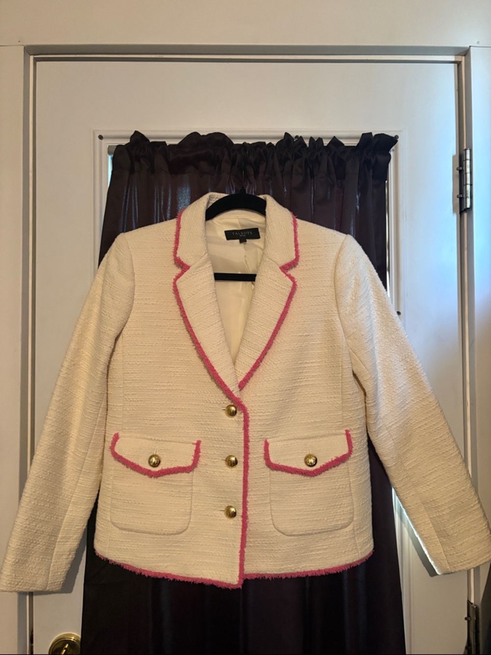 Talbots Cream Tweed Blazer with Pink Trim and Gold Buttons